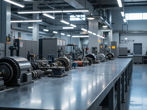 Industrial machinery components and mechanical parts, manufacturing workshop environment